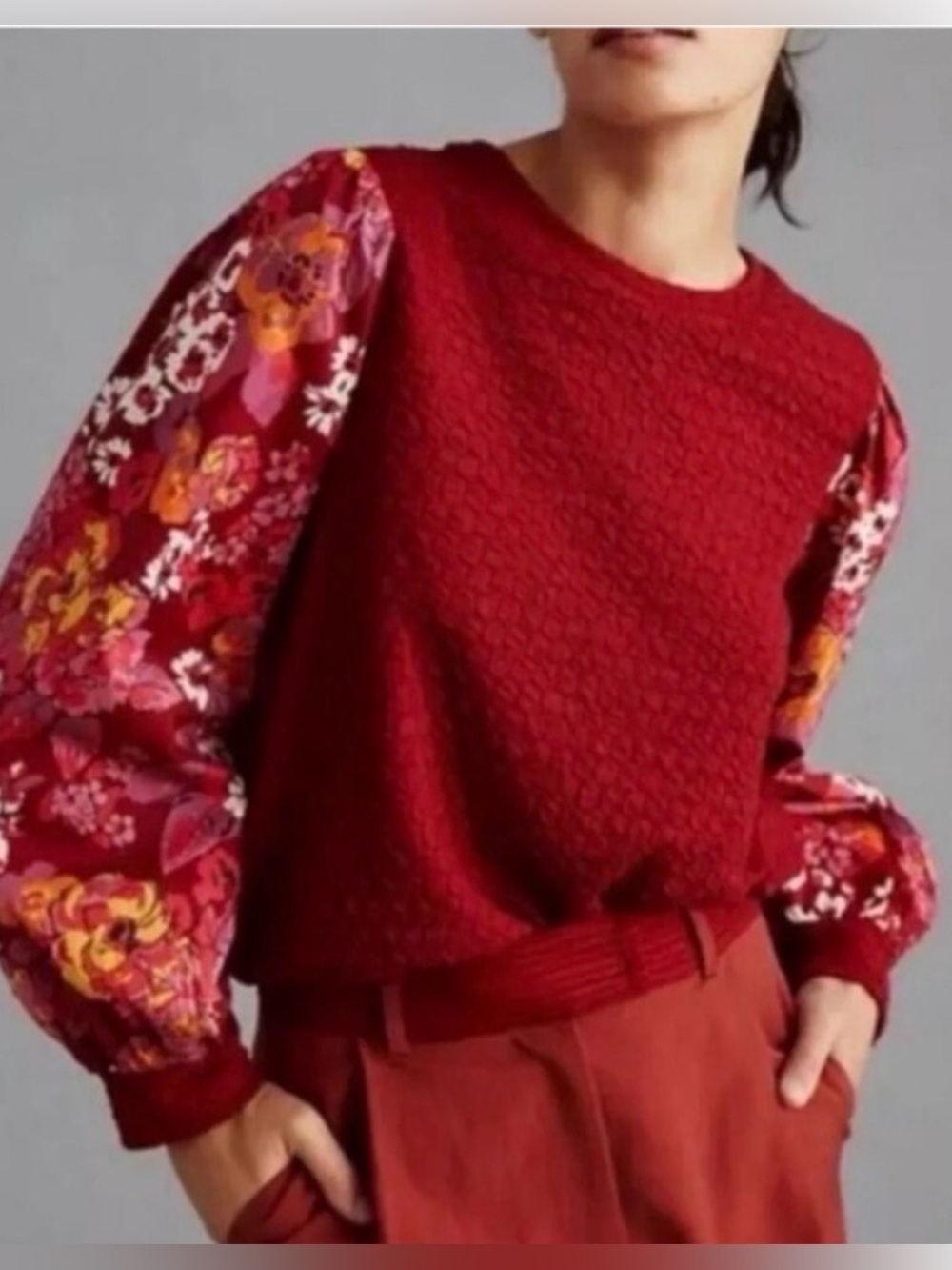ANTHROPOLOGIE PORRIDGE Red Textured Floral Sweatshirt Top Size XS